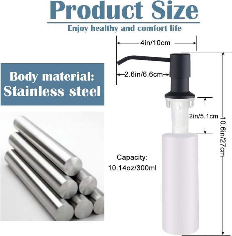 Tesrin Soap Dispenser for Kitchen Sink (Matte Black), Built in Design Sink Soap Dispenser, Refill from The Top,Stainless Steel Kitchen Soap Pump with 10 fl.oz Bottle (300ml) - Image 2